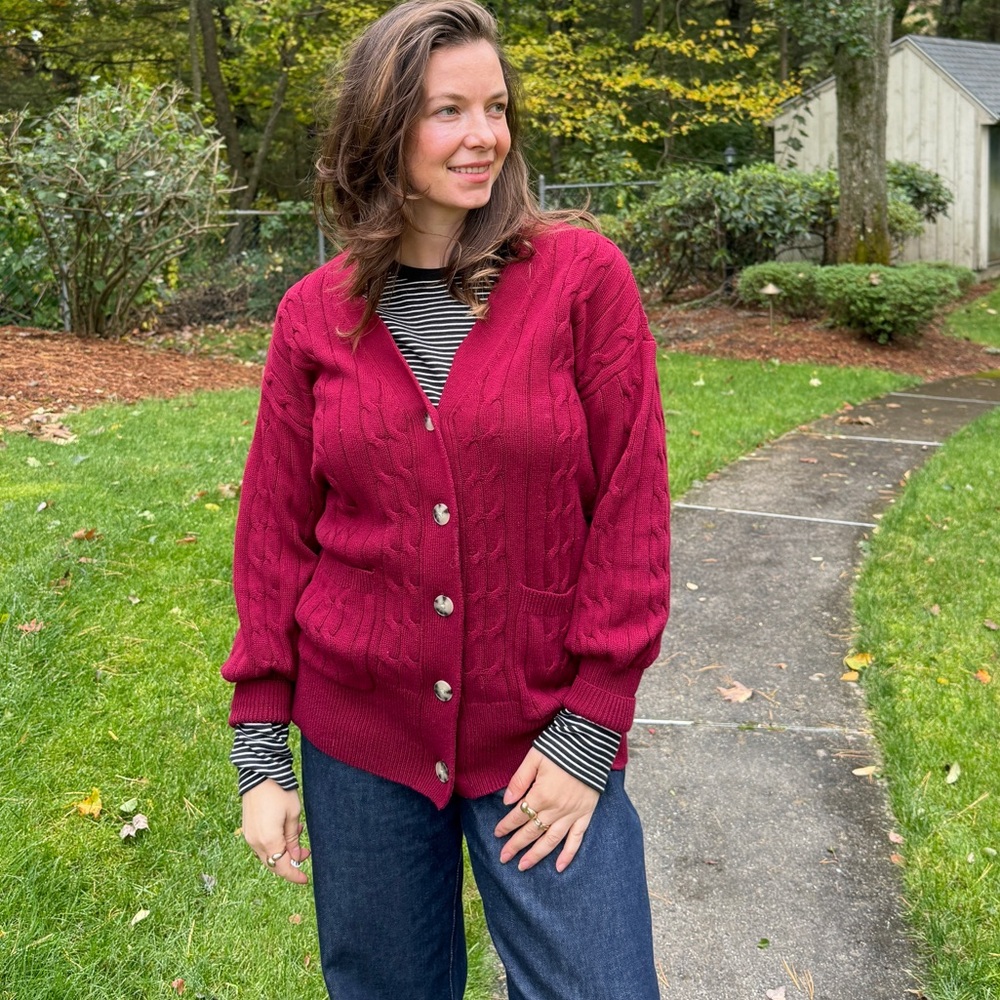 LOFT stunning color Burgundy Cable Knit Button up Cardigan